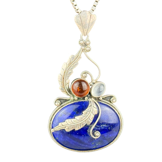 Large Vintage 925 Sterling Silver Lapis Lazuli Amber Moonstone Pendant Necklace 90 cm