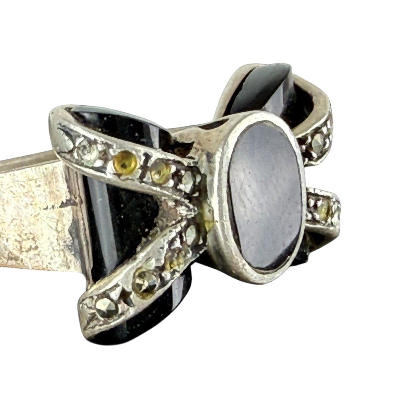 925 Sterling Silver Onyx Marcasite Bow Ring Size 57 Vintage Statement Ring