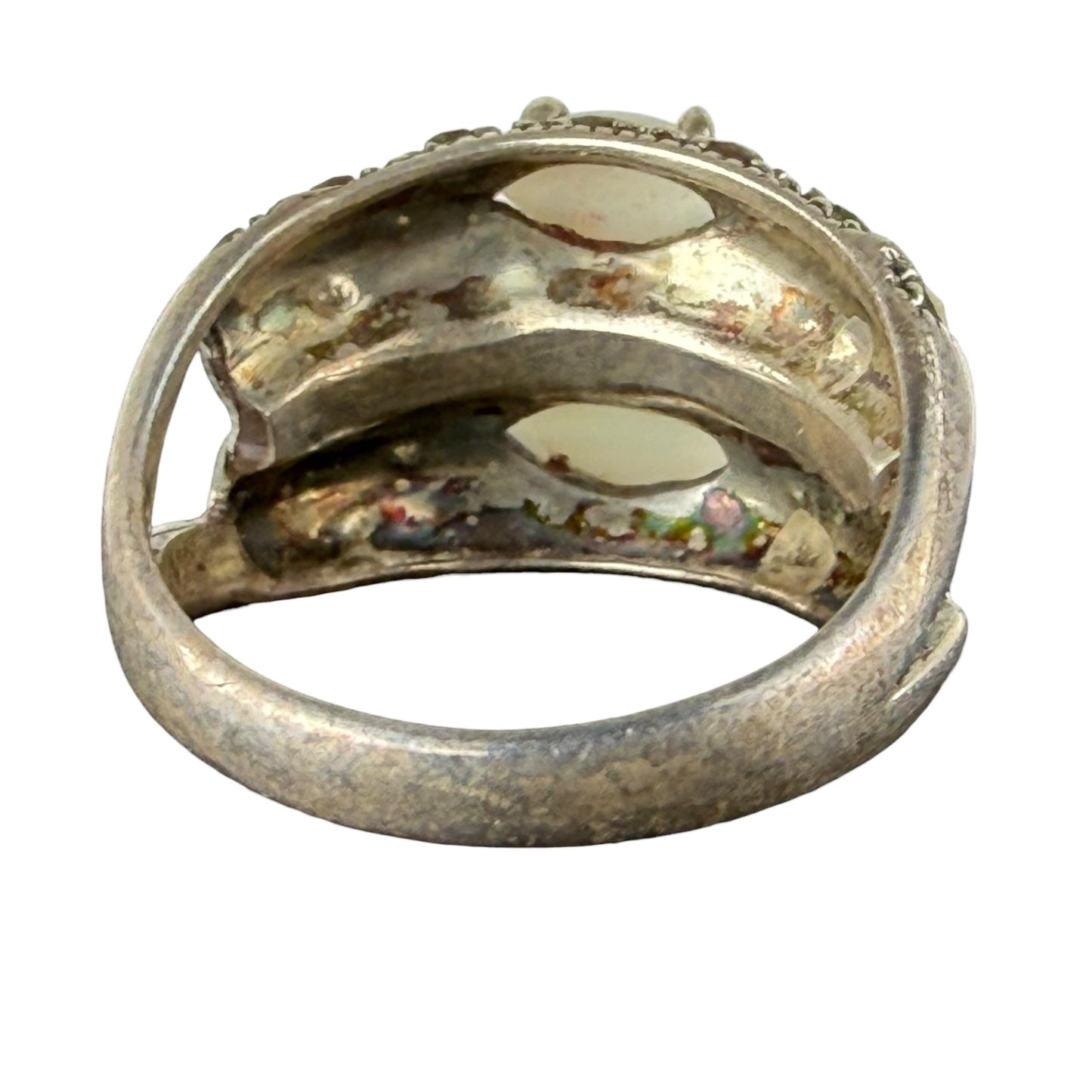 925 Sterling Silver Opal Marcasite Ring Vintage Art Deco Style Size 59