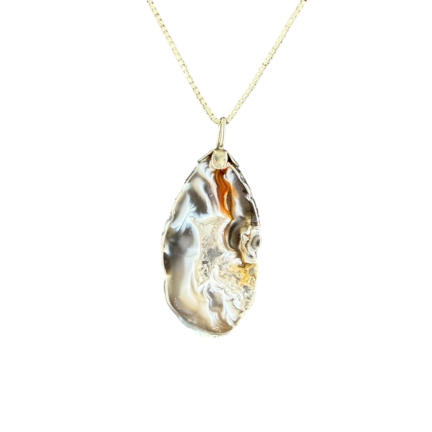 925 Sterling Silver Agate Pendant Necklace Large Natural Stone 48cm Vintage
