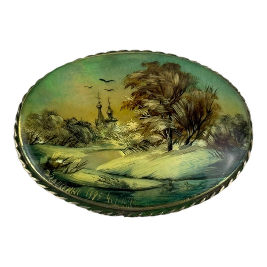 Vintage Hand Painted Mother of Pearl Brooch Silver Frame Landscape Miniature Russian Style Signed 5x4 cm