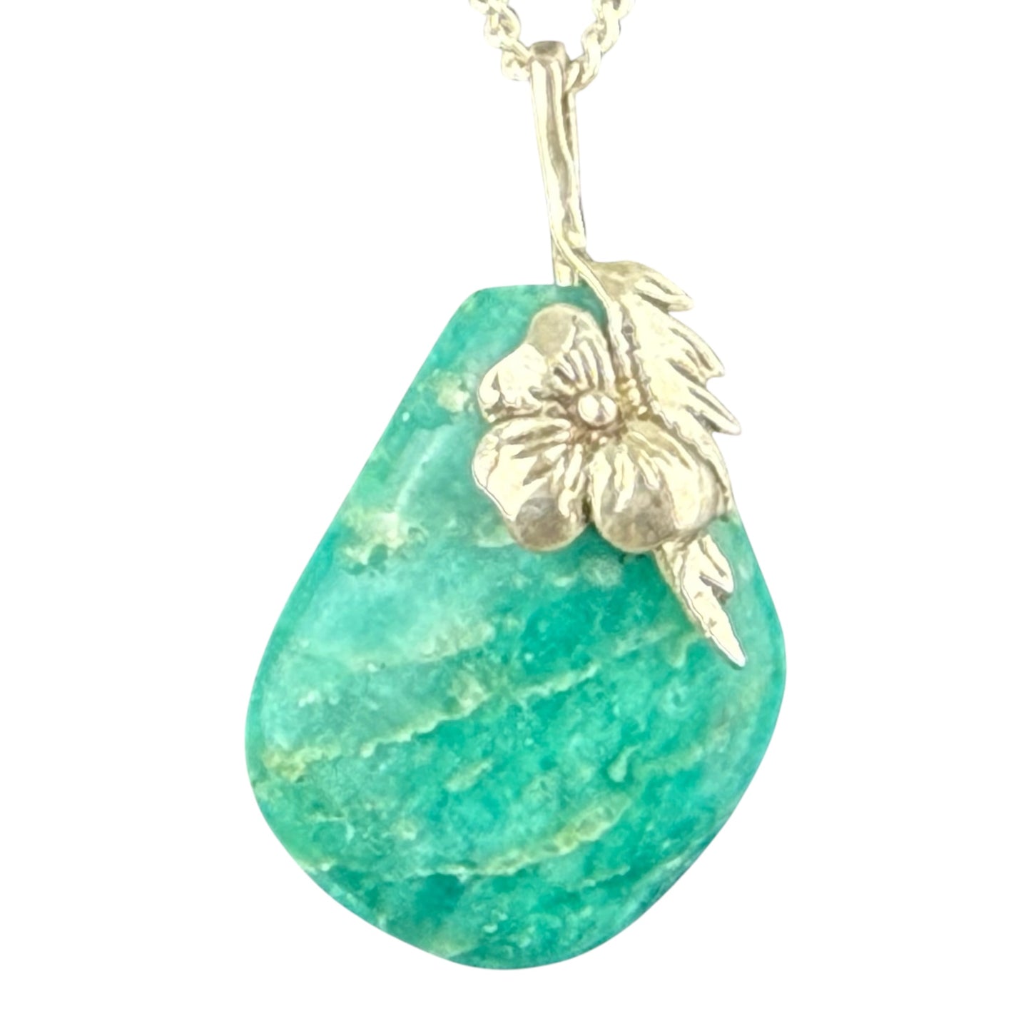 925 Sterling Silver Amazonite Necklace 60cm Vintage Pendant Floral Design 10.4 g
