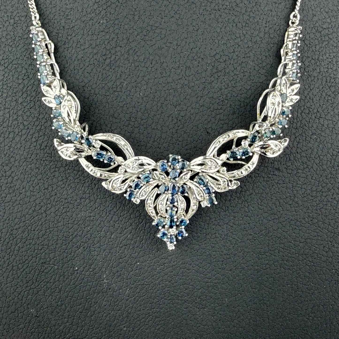 Vintage 925 Sterling Silver Blue Gemstone Necklace 48 cm – 27.3 g Floral Design