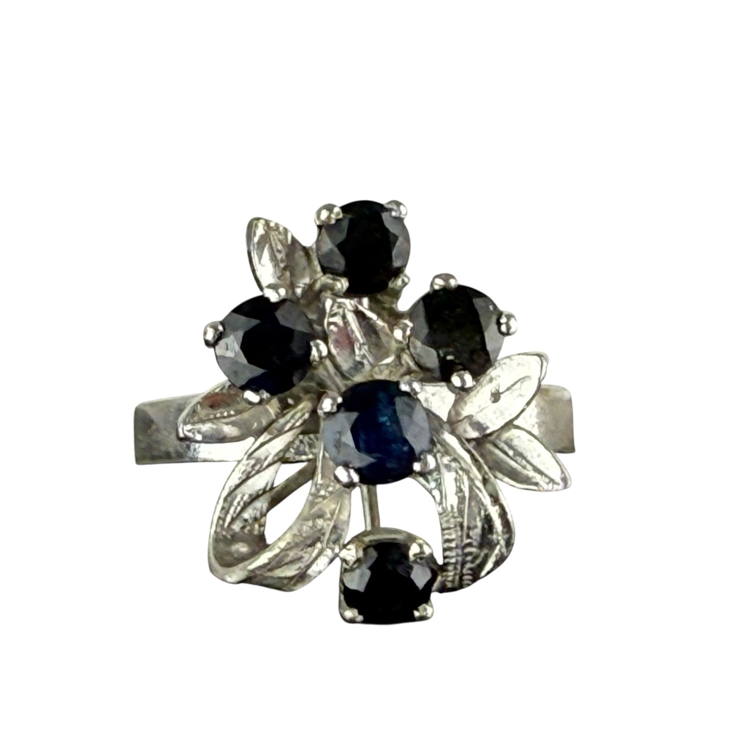 925 Sterling Silver Blue Sapphire Cluster Ring Size 60 Vintage Floral Design