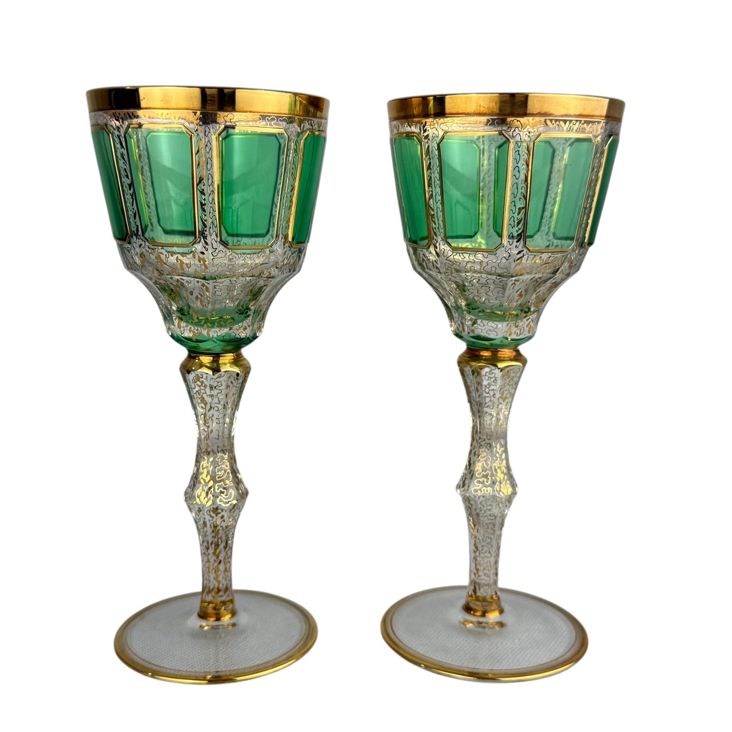 Pair Antique Bohemian Green Cut Crystal Goblets Moser Style Gold Gilt Wine Glasses 21cm