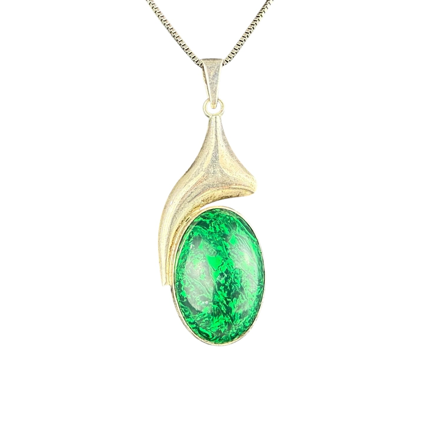 925 Sterling Silver Necklace Pendant Green Stone 42cm 17g Vintage Large