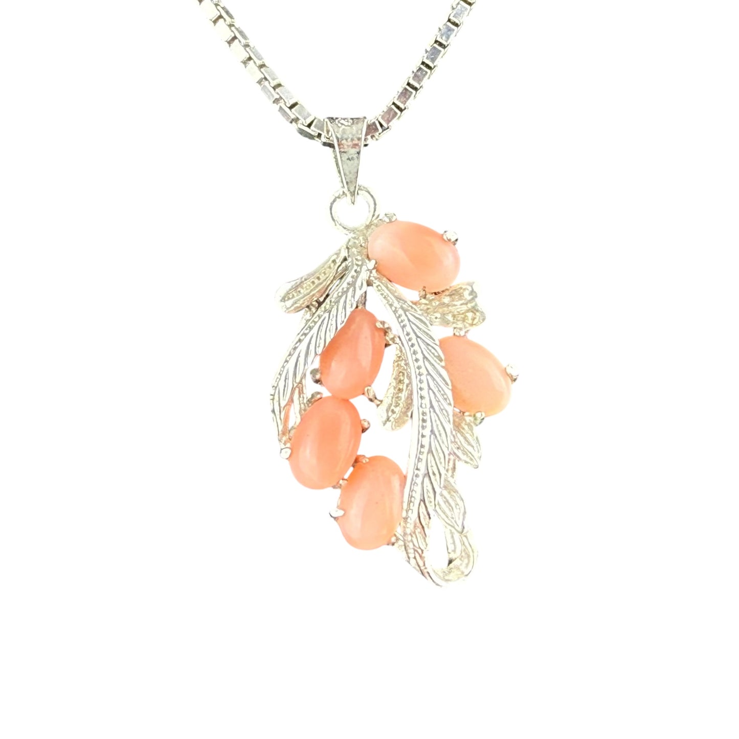 925 Sterling Silver Coral Pendant Necklace Vintage Leaf Design Pink Coral 50cm