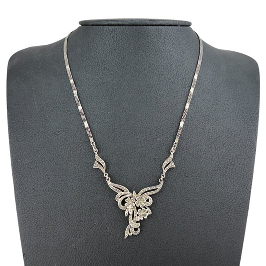 Vintage 925 Sterling Silver Marcasite Necklace Floral Design 15.2 g 51 cm