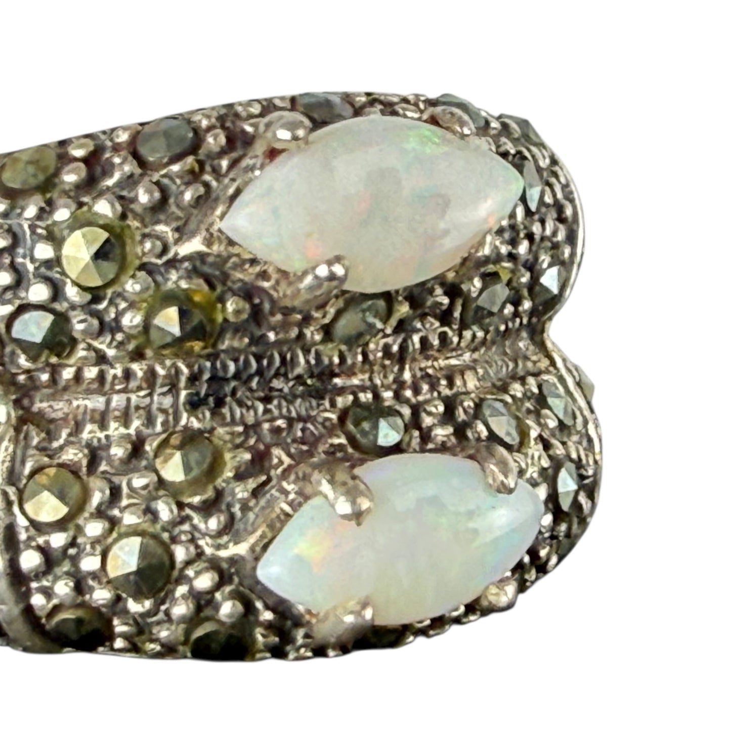 925 Sterling Silver Opal Marcasite Ring Vintage Art Deco Style Size 59