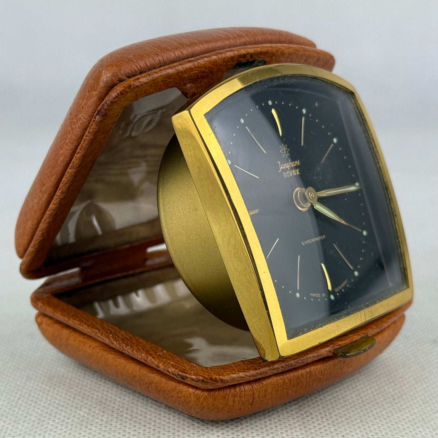 Junghans Bivox Vintage Travel Alarm Clock Black Dial Leather Case Germany
