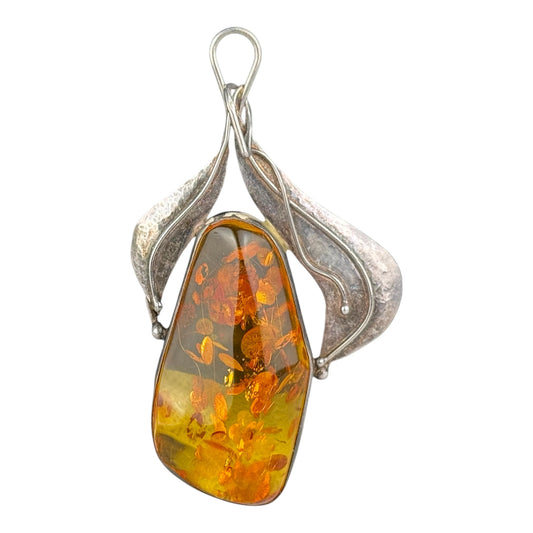 Vintage 925 Sterling Silver Baltic Amber Pendant Large Statement Natural Honey Amber 22.1 g