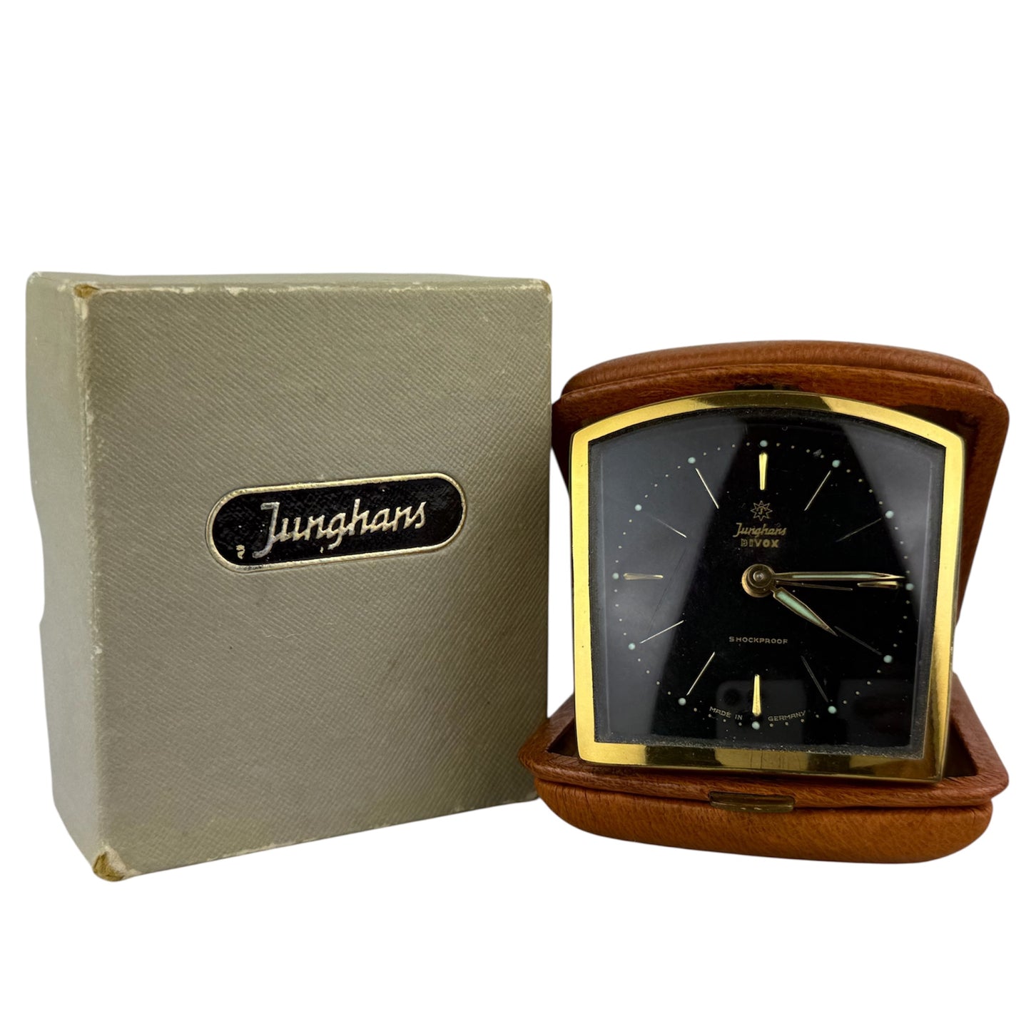 Junghans Bivox Vintage Travel Alarm Clock Black Dial Leather Case Germany