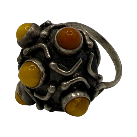 Vintage Silver Ring with Amber Cabochons 800 Silver 8.78g