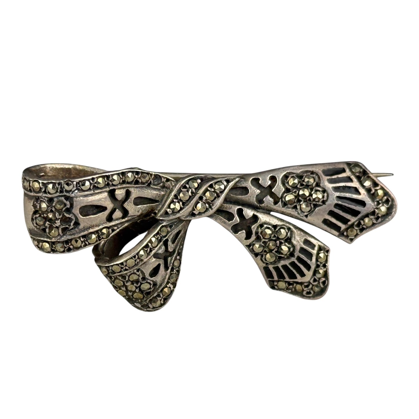 Vintage 925 Sterling Silver Marcasite Bow Brooch 5 cm – Art Deco Style 9.6 g