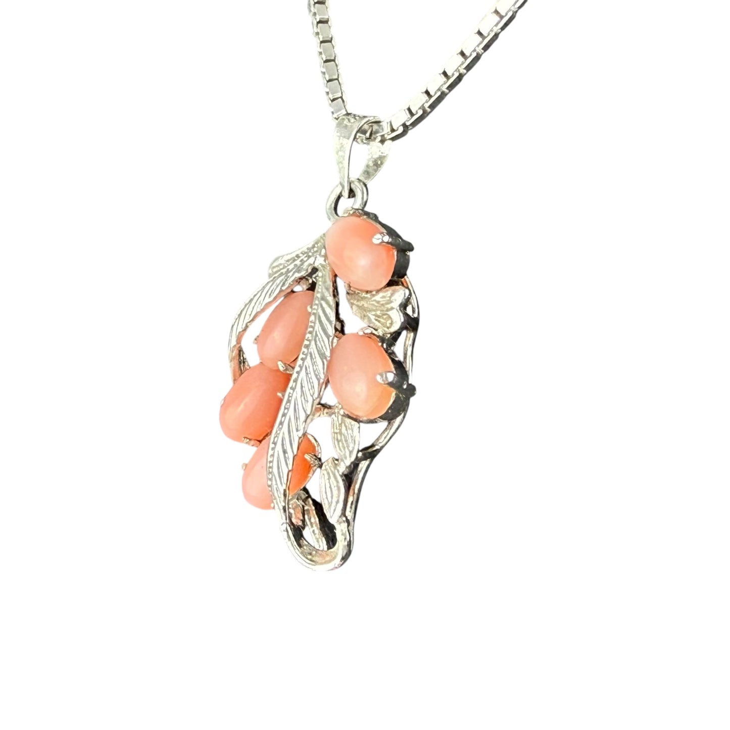 925 Sterling Silver Coral Pendant Necklace Vintage Leaf Design Pink Coral 50cm