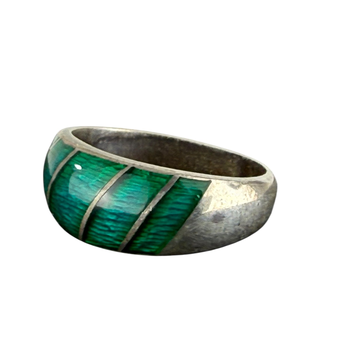 925 Sterling Silver Green Enamel Ring Vintage Minimalist Band Size 53