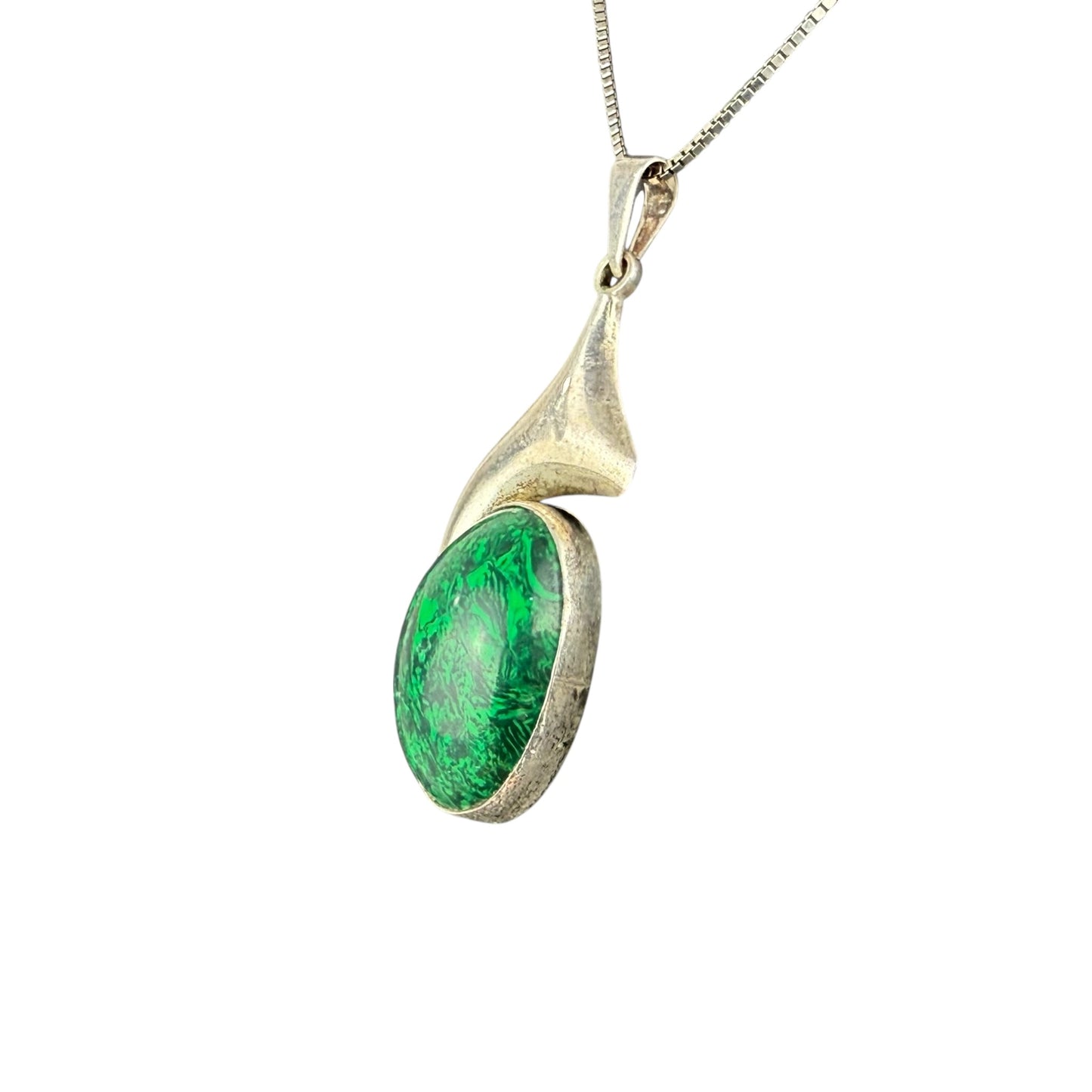 925 Sterling Silver Necklace Pendant Green Stone 42cm 17g Vintage Large