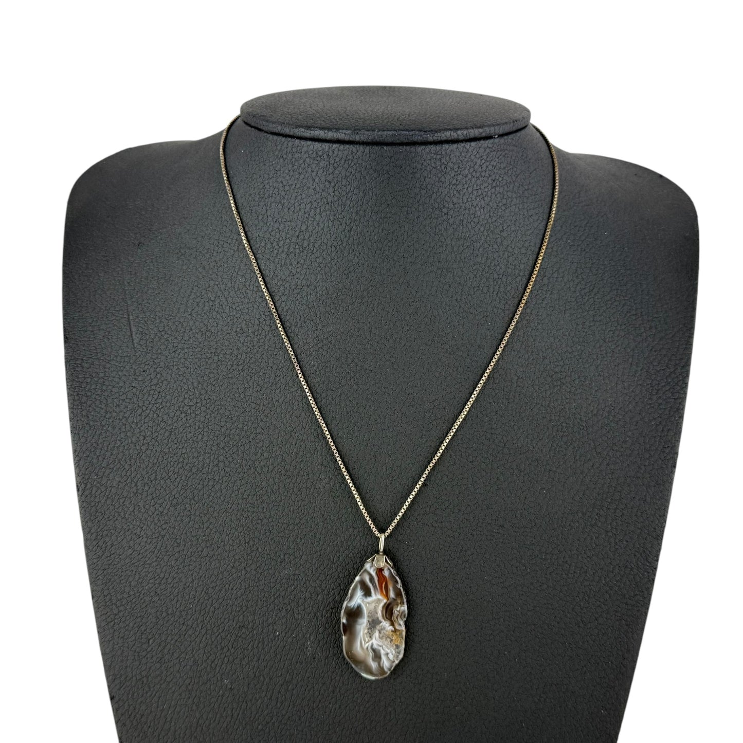 925 Sterling Silver Agate Pendant Necklace Large Natural Stone 48cm Vintage