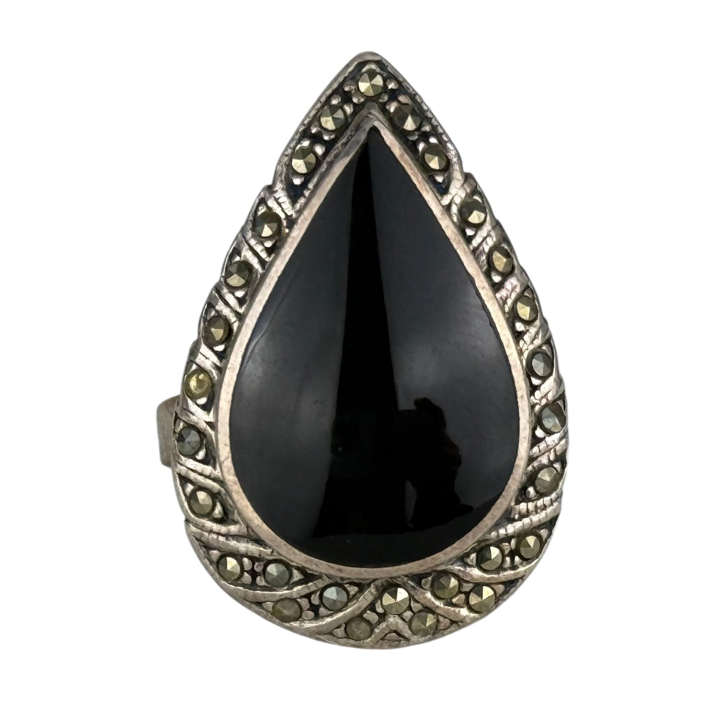 925 Sterling Silver Onyx Marcasite Ring Size 61 Vintage Art Deco 9.3 g