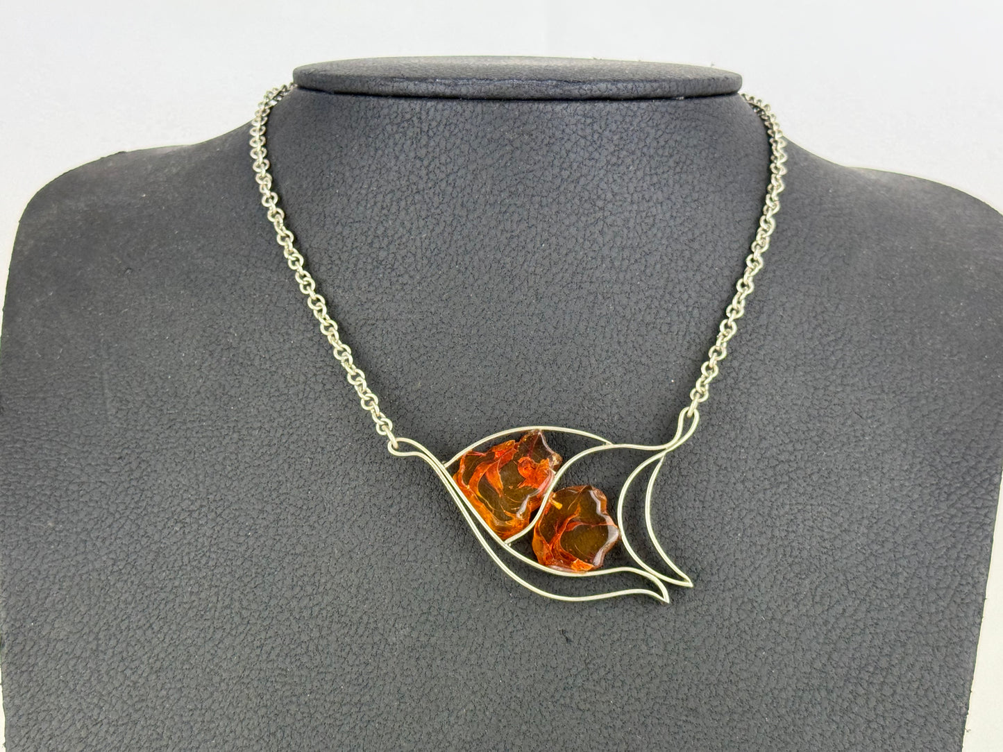 Vintage Baltic Amber Modernist Necklace Cognac Amber Silver Tone 14.7 g
