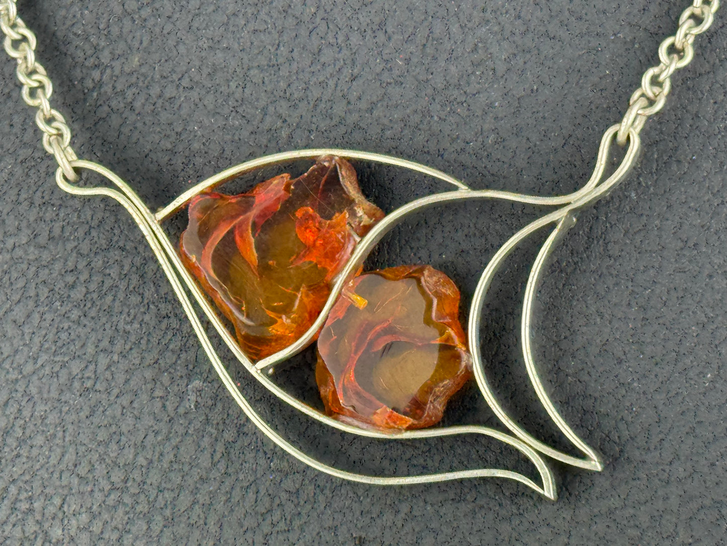 Vintage Baltic Amber Modernist Necklace Cognac Amber Silver Tone 14.7 g