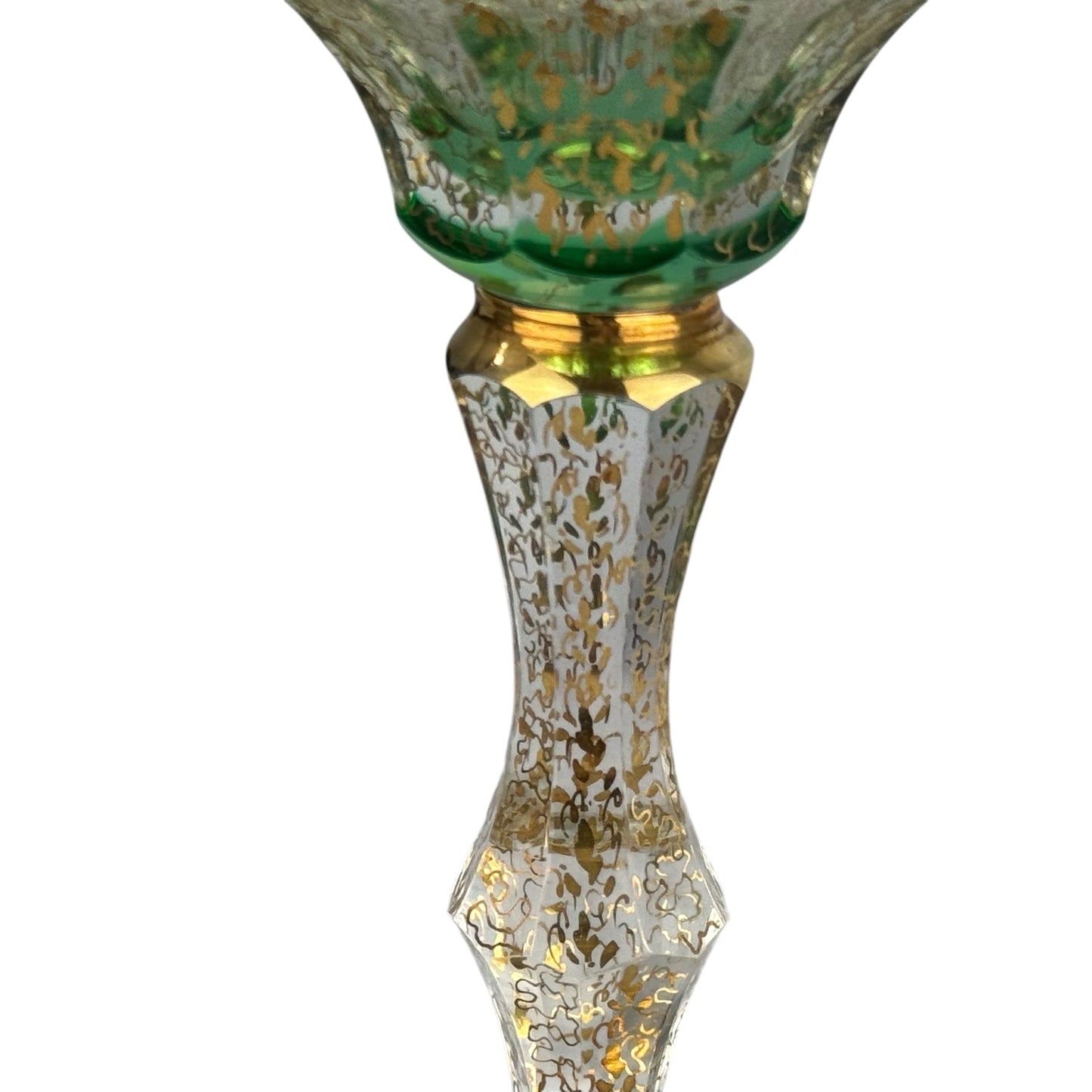 Pair Antique Bohemian Green Cut Crystal Goblets Moser Style Gold Gilt Wine Glasses 21cm