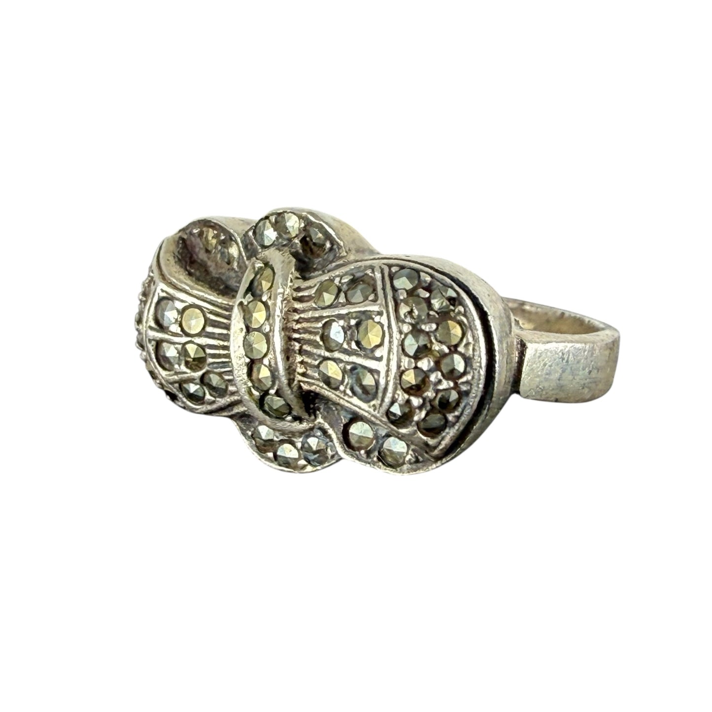 925 Sterling Silver Marcasite Bow Ring Vintage Art Deco Style Size 56