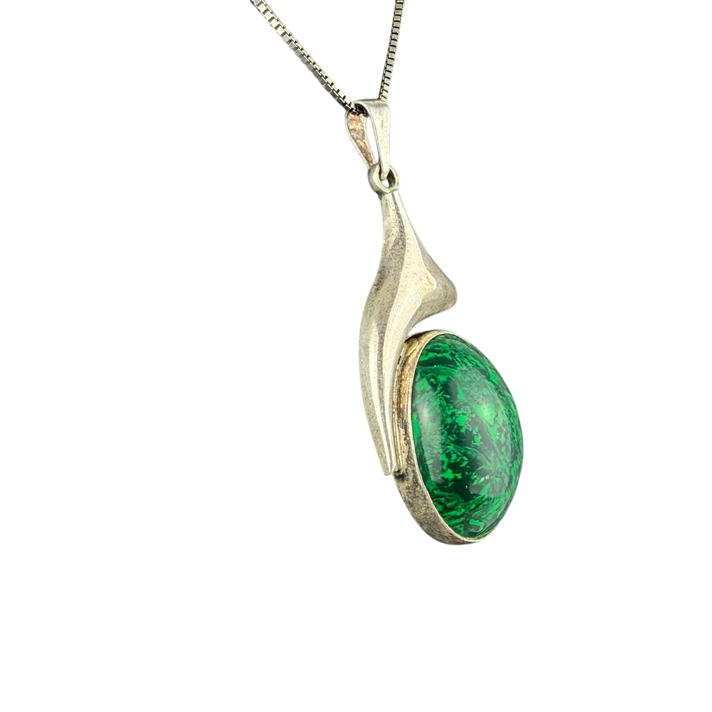 925 Sterling Silver Necklace Pendant Green Stone 42cm 17g Vintage Large
