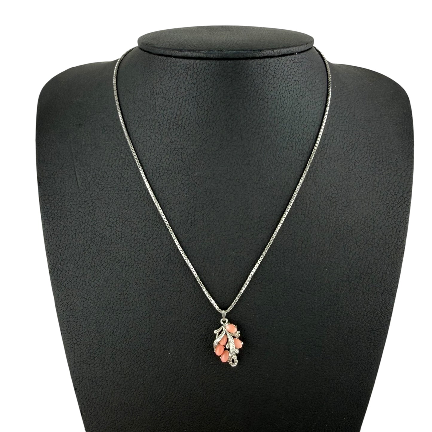 925 Sterling Silver Coral Pendant Necklace Vintage Leaf Design Pink Coral 50cm