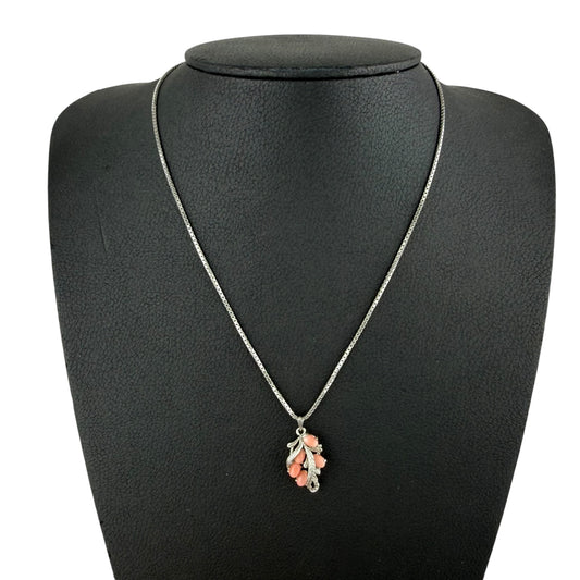 925 Sterling Silver Coral Pendant Necklace Vintage Leaf Design Pink Coral 50cm