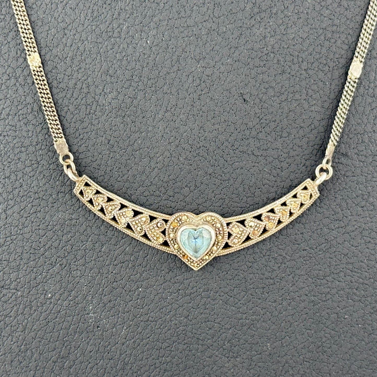 Vintage 925 Sterling Silver Heart Necklace Blue Gemstone Marcasite 11 g