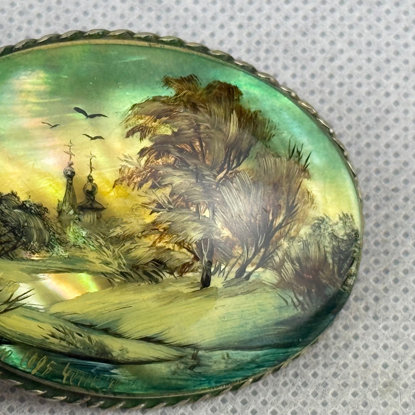 Vintage Hand Painted Mother of Pearl Brooch Silver Frame Landscape Miniature Russian Style Signed 5x4 cm
