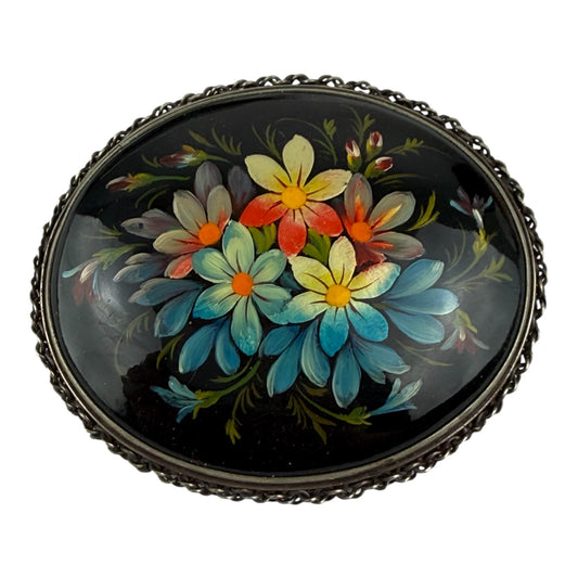 Vintage Hand Painted Floral Brooch Oval 5x4 cm Black Background Statement Pin Retro Jewelry
