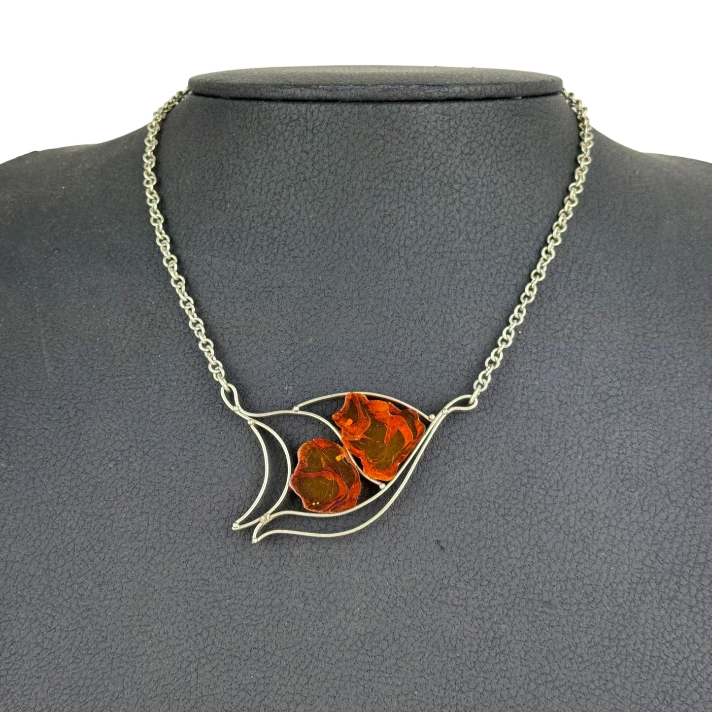Vintage Baltic Amber Modernist Necklace Cognac Amber Silver Tone 14.7 g
