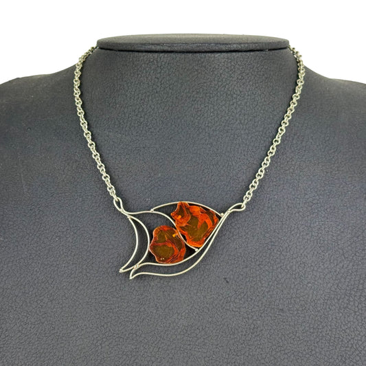 Vintage Baltic Amber Modernist Necklace Cognac Amber Silver Tone 14.7 g
