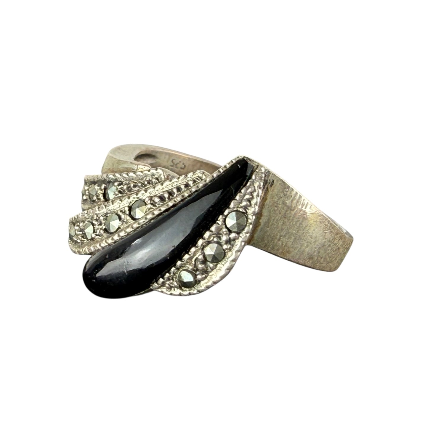 925 Sterling Silver Onyx Marcasite Art Deco Ring Size 59 Vintage Statement
