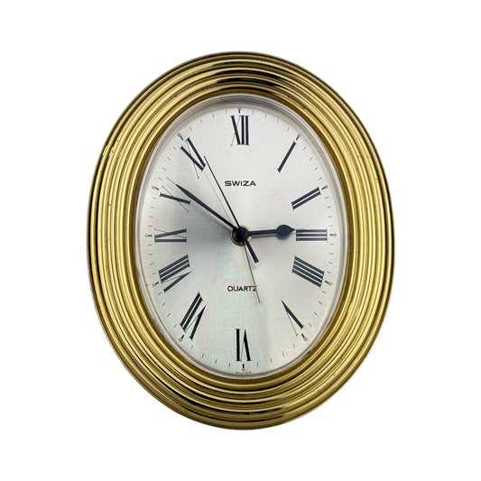 Swiza Swiss Quartz Desk / Table Clock Gold Tone Roman Numerals