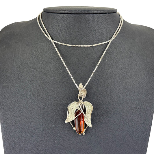 Vintage Baltic Amber Pendant Necklace 800 Silver Pendant 925 Sterling Silver Long Chain 18 g