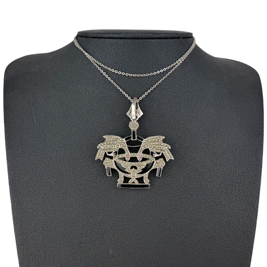 Vintage 925 Sterling Silver Marcasite & Black Onyx Pendant Necklace 70 cm – 28.6 g