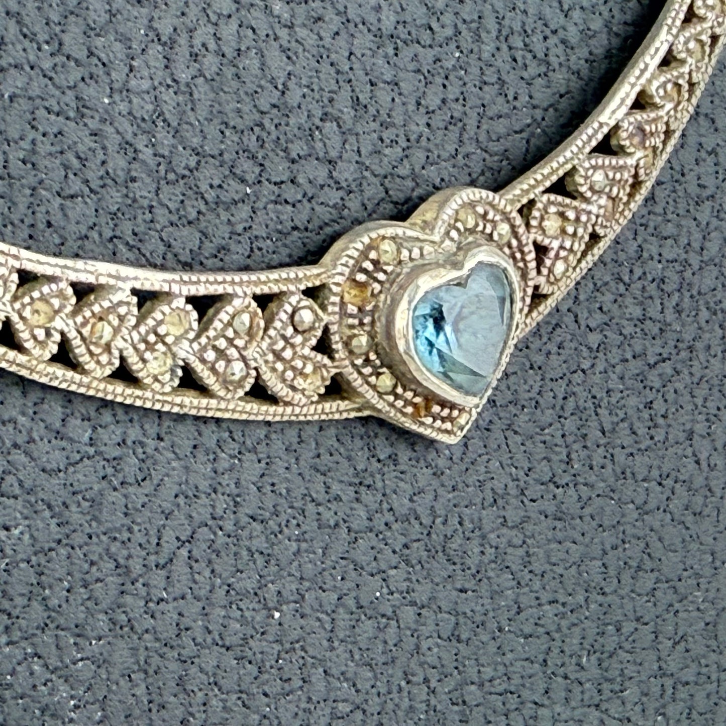 Vintage 925 Sterling Silver Heart Necklace Blue Gemstone Marcasite 11 g