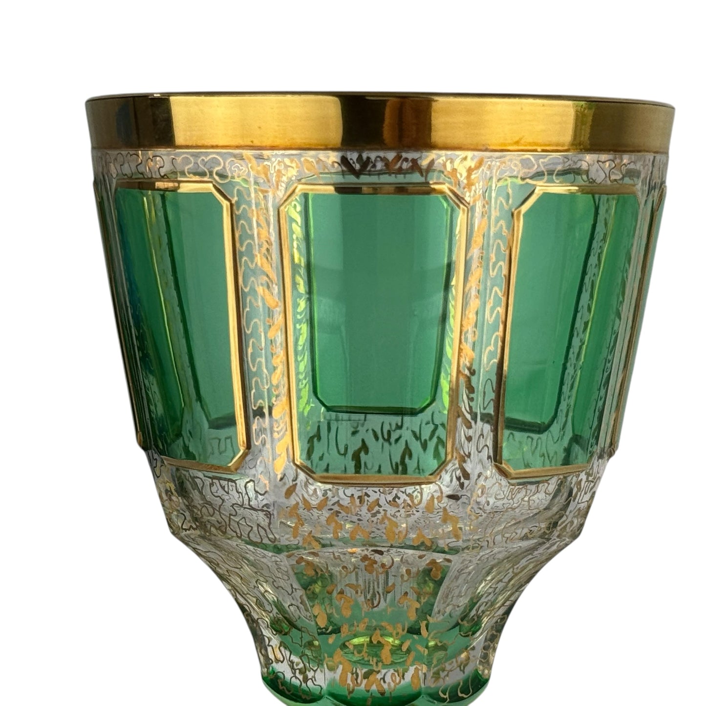 Pair Antique Bohemian Green Cut Crystal Goblets Moser Style Gold Gilt Wine Glasses 21cm