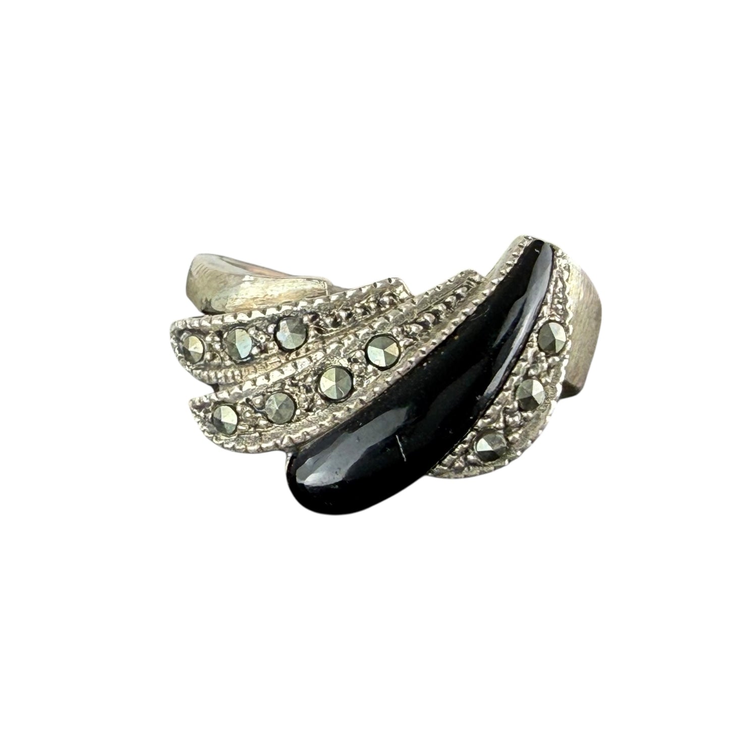 925 Sterling Silver Onyx Marcasite Art Deco Ring Size 59 Vintage Statement