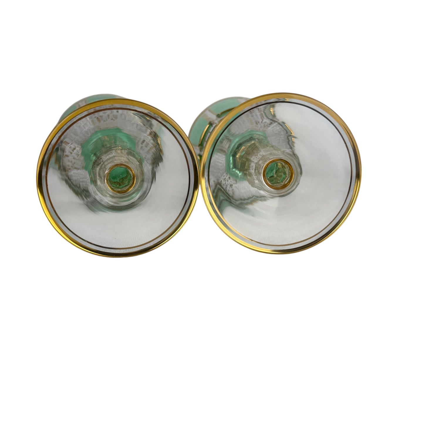 Pair Antique Bohemian Green Cut Crystal Goblets Moser Style Gold Gilt Wine Glasses 21cm