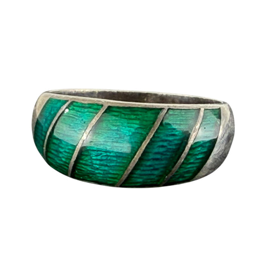 925 Sterling Silver Green Enamel Ring Vintage Minimalist Band Size 53