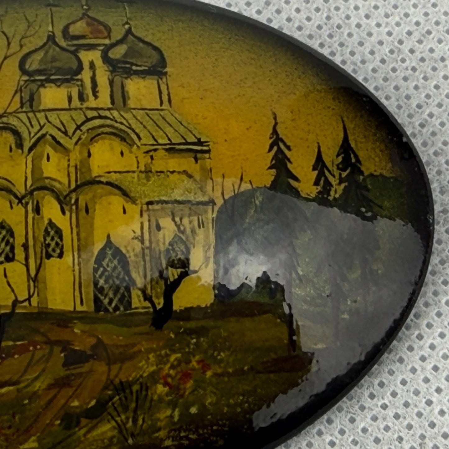 Vintage Fedoskino Lacquer Brooch Signed Popov Russian Hand Painted Church Landscape 7.5 x 5 cm