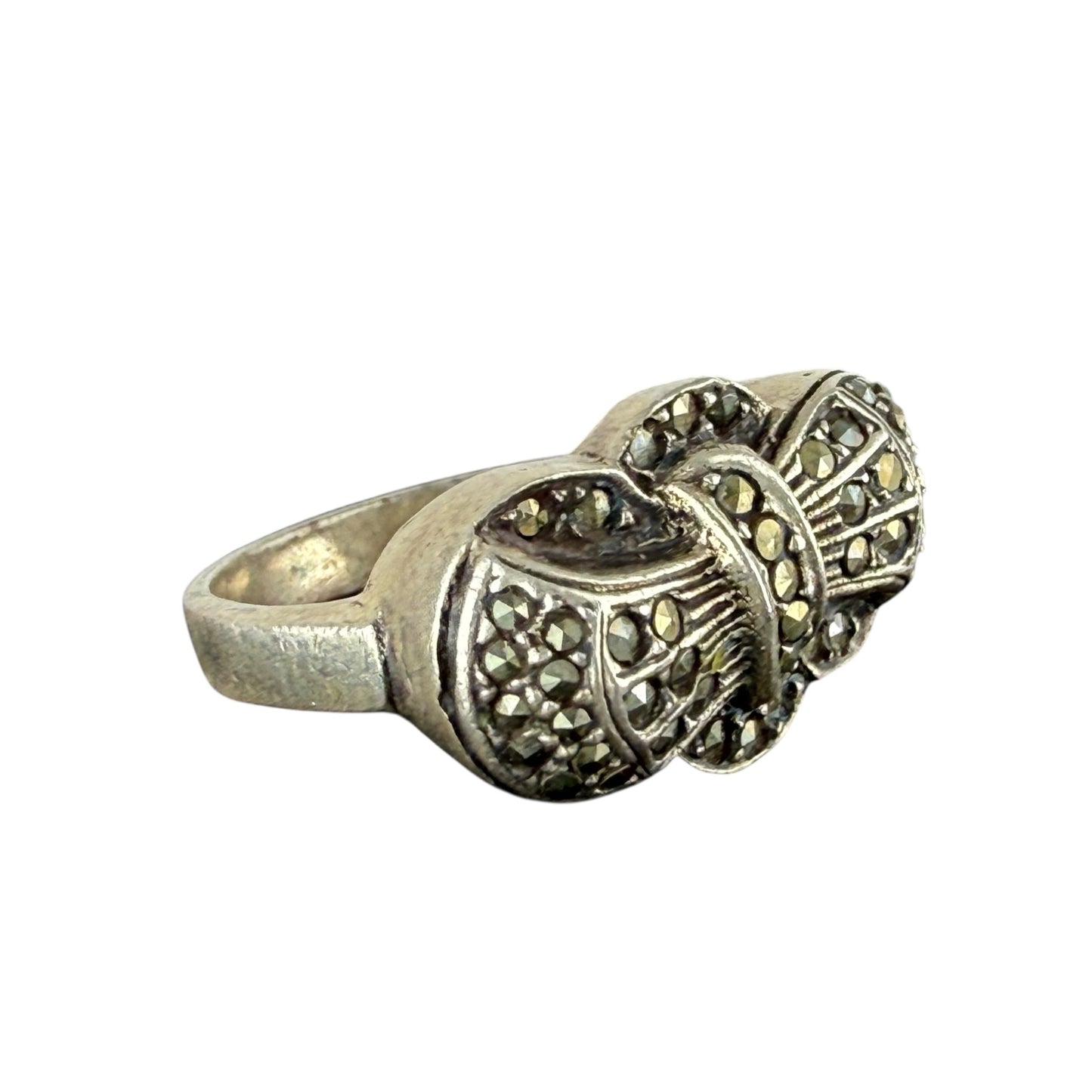 925 Sterling Silver Marcasite Bow Ring Vintage Art Deco Style Size 56