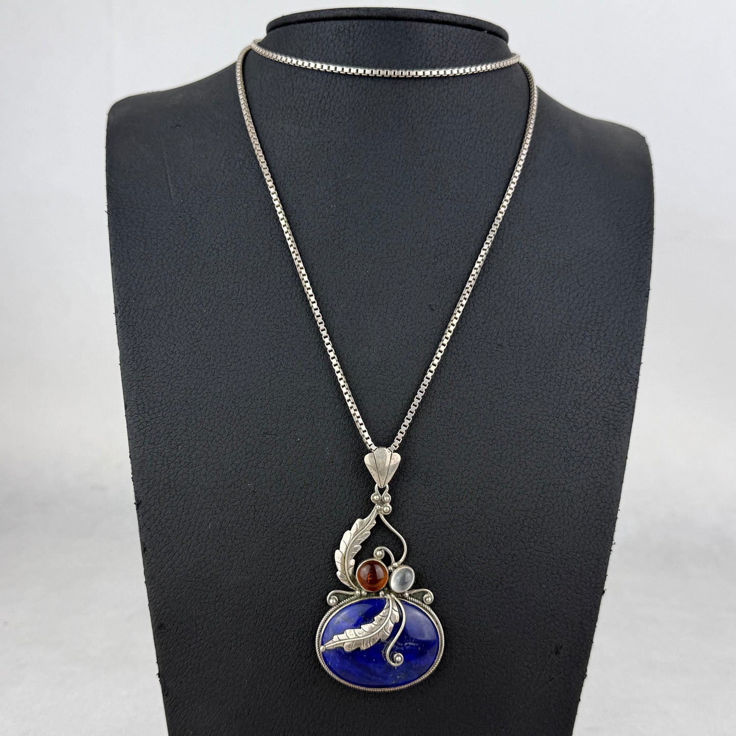 Large Vintage 925 Sterling Silver Lapis Lazuli Amber Moonstone Pendant Necklace 90 cm