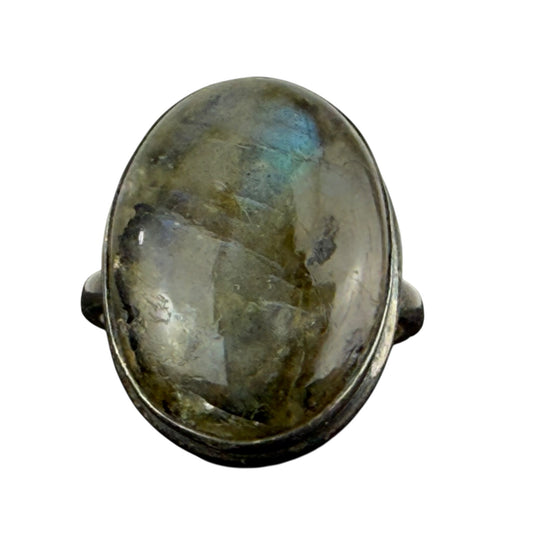 925 Sterling Silver Labradorite Ring Size 60 Natural Cabochon Statement Ring