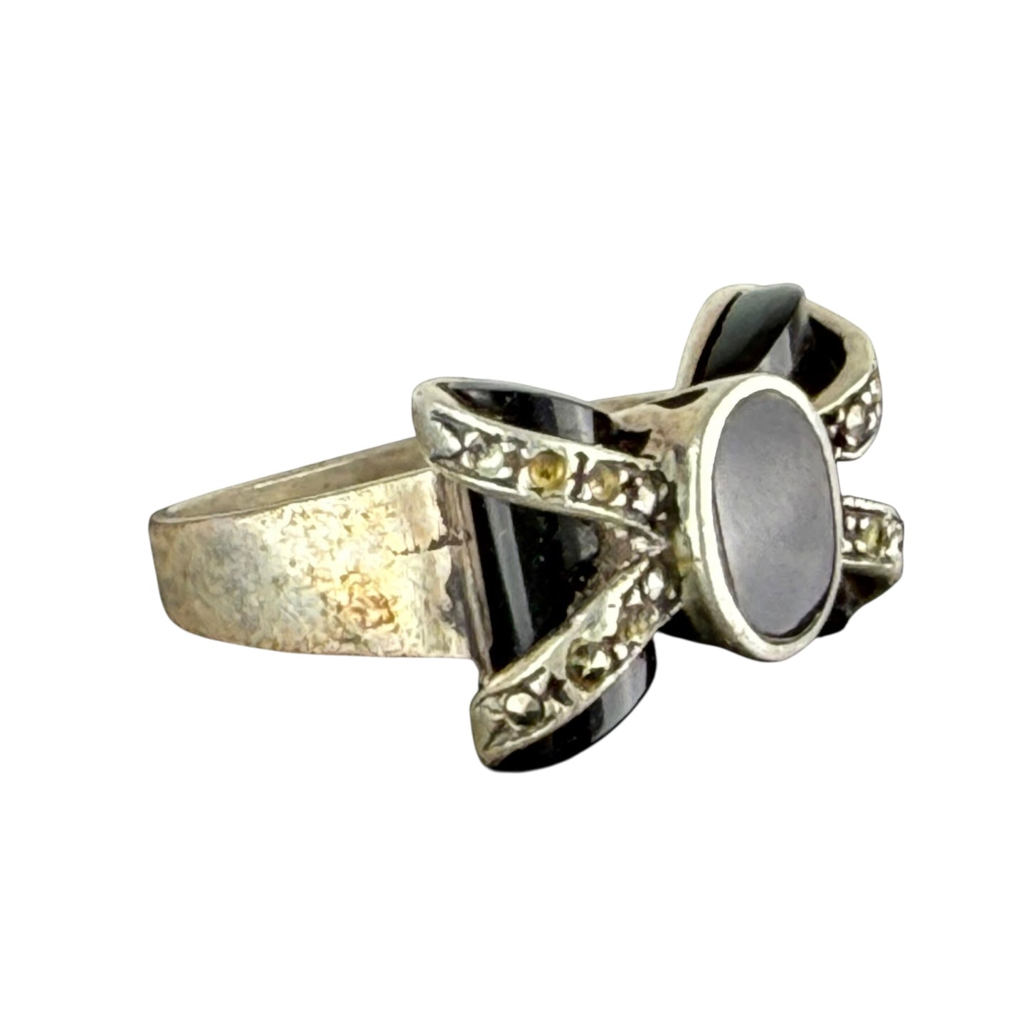 925 Sterling Silver Onyx Marcasite Bow Ring Size 57 Vintage Statement Ring