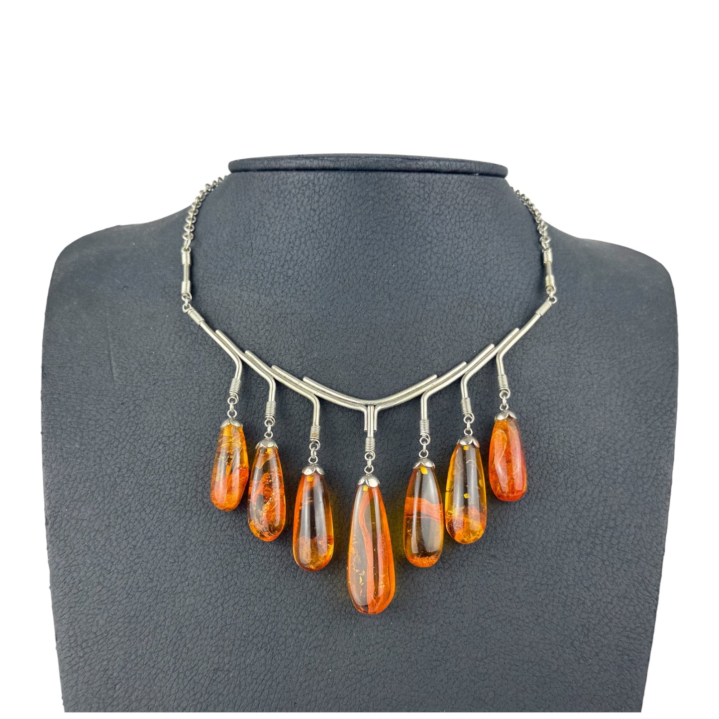 Vintage Baltic Amber Drop Necklace Silver Tone Modernist Design 38 cm 36.4 g